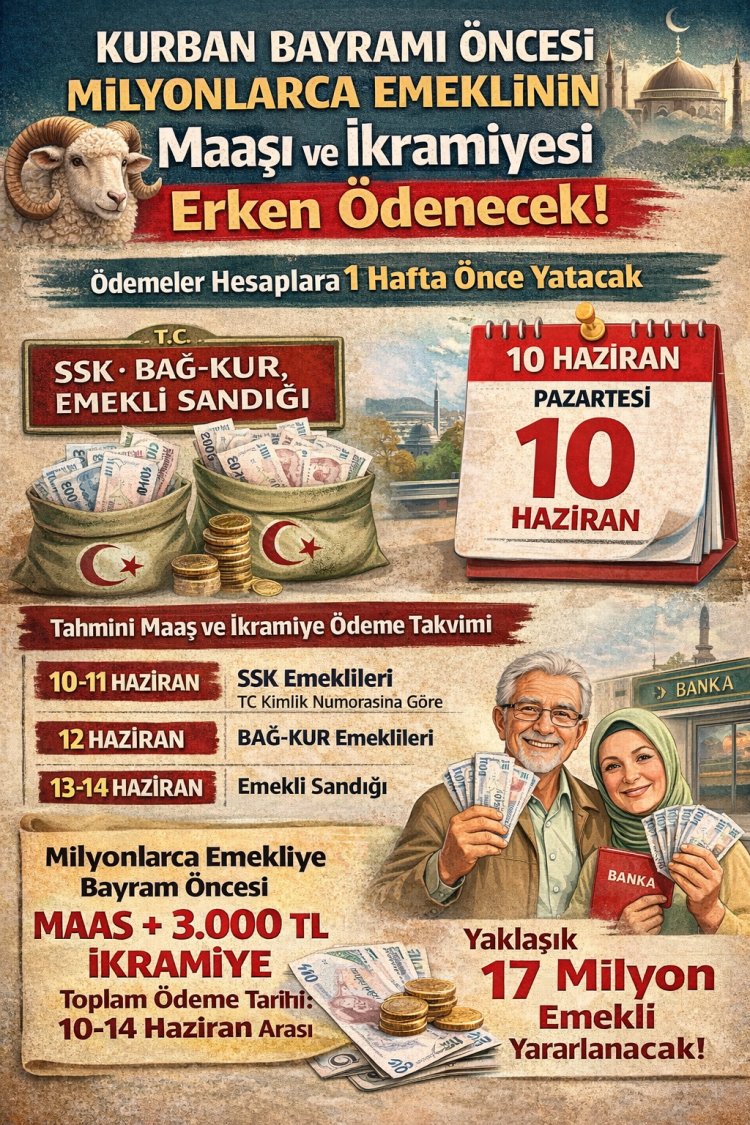 Emekli Maaşı ve 3.000 TL İkramiye Erken Yatıyor! Ödeme Takvimi 10 Haziran